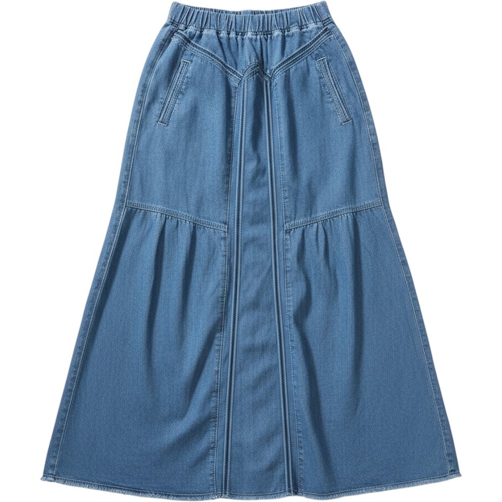 Women Blue Denim Maxi Skirt Elastic Waist A-Line Frayed Hem Long Skirt Small